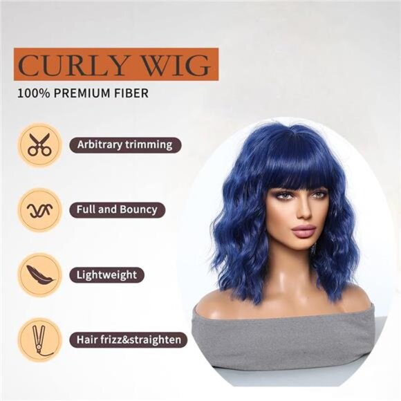 Shoulder Length Curly Wavy Wigs Blue - Picture 2 of 6